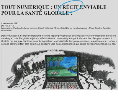 Françoise Berthoud est co-fondatrice du GDS [éco-info](https://ecoinfo.cnrs.fr/le-gds-ecoinfo/) et du MOOC [Impacts environnementaux du numérique](https://www.fun-mooc.fr/fr/cours/impacts-environnementaux-du-numerique/) de l'INRIA.